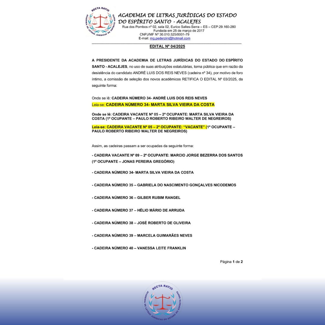 Retificação do resultado do processo de admissão